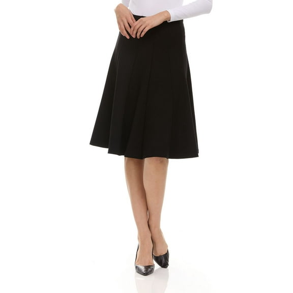 Lycra Fabric Panel Midi Skirt For Women By BGDK- Knee Length Pleated Skirt With Elastic Waist- Comfortable Fit And Flare Skirt- High Waist Flowy Skirt For Work, Office, Business, Church black medium
