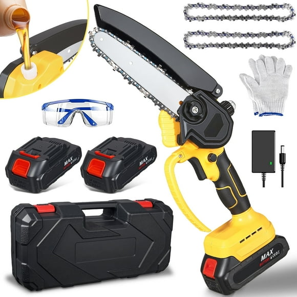 Paddsun Mini Chainsaw, 6 Inch 21V Cordless Electric Chainsaw Portable Handheld with 2 Batteries 2 Chains
