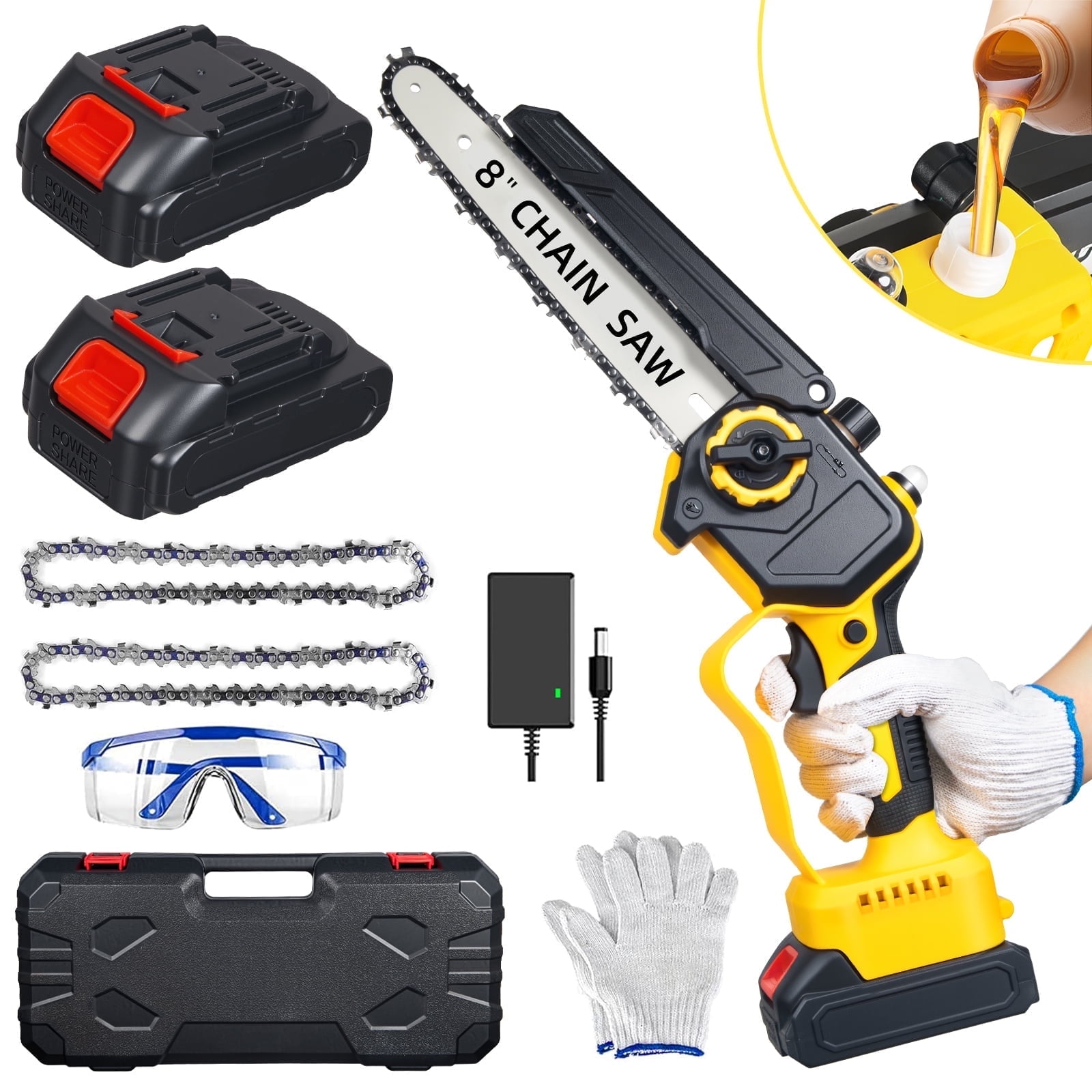 Paddsun Mini Chainsaw Cordless, 8 inch 21V Electric Chainsaw Battery Powered, Handheld Mini Chain Saw with 2 Batteries and 2 Chains