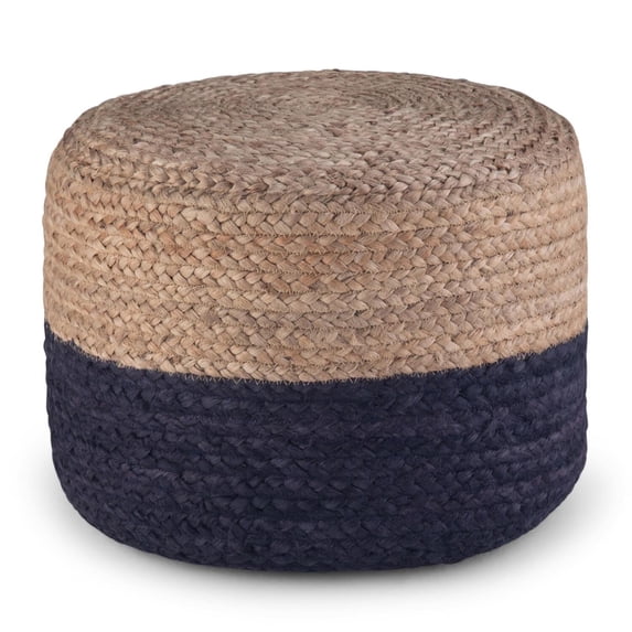 Simpli Home Lydia 18 inch Wide Boho Round Pouf in Navy and Natural Hand Braided Jute