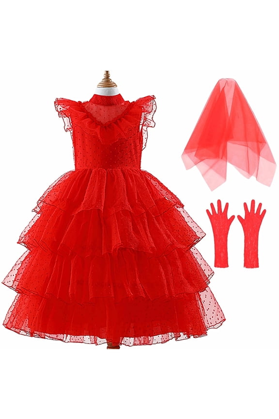 Lydia Deetz Costume for Girls with Gloves Veil Halloween Cosplay Bride Outfits, SIZE 3-10