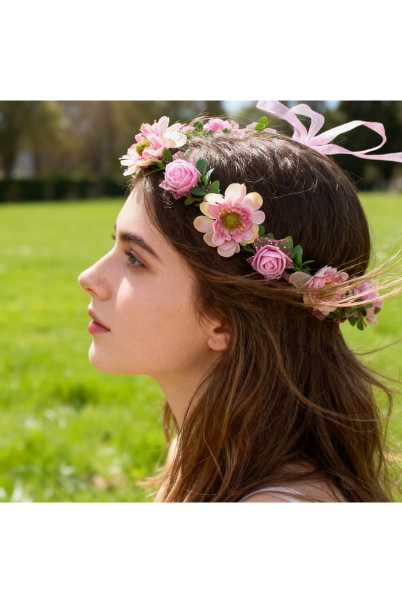 Cute Easter Decor Outdoor Easter Headband with Flower Wreath and Artificial Flowers and Green Leaves Hair Accessory Festive Party Headband Wreath.