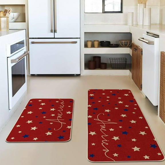 Lydiaunistar Independence Day Kitchen Mats Set - 2 Piece Non-Slip Patriotic Rugs - Red White Blue Holiday Floor Decor