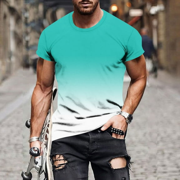 Lydiaunistar Men's Casual Short Sleeve Print Round Neck T-Shirt Pullover Fitness Sports Top for Gym Workout and Daily Leisure Sky Blue 5XL