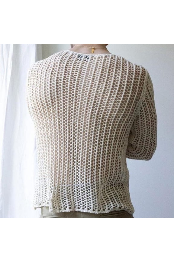 Men's Summer Hollow Knit Sweater Mesh Short Sleeve Shirt Loose Casual Top for Daily Wear Fashion Clothing White M