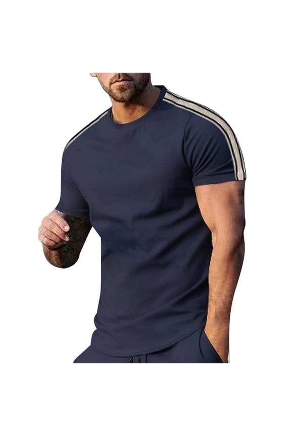 Men's Summer Shirts Casual Sports Short Sleeve T-Shirt Round Neck Side Striped Athletic Activewear Top for Gym Running Workout Navy XL