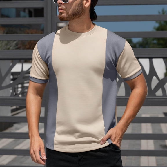 Lydiaunistar Men's Summer Shirts Color Blocked Short Sleeve Round Neck T-Shirt Breathable Athletic Casual Top Lightweight Khaki L