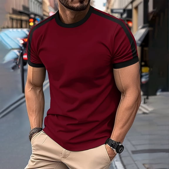 Lydiaunistar Men's Summer Shirts Fashion Casual Round Neck Short Sleeve T-Shirt for Exercise Gym Workout Daily Wear Wine S