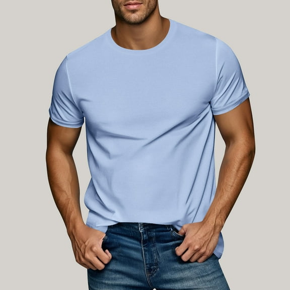 Lydiaunistar Summer Men's Casual Short Sleeve Shirt Solid Color Round Neck Breathable Lightweight Comfortable Top Light Blue L