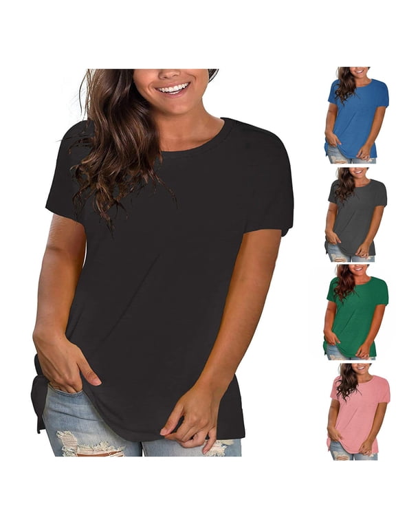 T Shirts for Women Plus Size Short Sleeve Crewneck Tunic Blouses Athletic Workout Basic Plain Layering Tees Tops