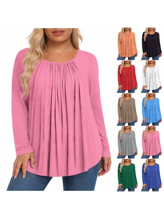 Women's Pleated Crew Neck Long Sleeve Blouse Relaxed Fit Flowy Swing Top for Office Work Vacation Casual Wear