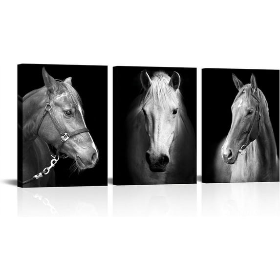 LyeArtork 3 Panel Black and White Horses Painting Picture Print on Canvas Vintage Animals Canvas Wall Art Wooden Stretched Framed Posters Prints for Home Men Office Bedroom Decoration 12"x16"x3pcs