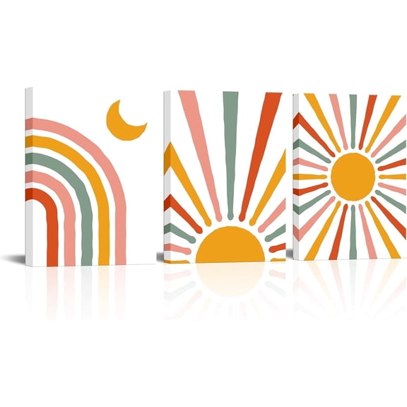 LyeArtork 3 Piece Minimalist Boho Canvas Wall Art Mid Century Modern Wall Decor Colorful Neon Geometric Sun Moon Artwork Prints Paintings for Living Room Bedroom Office Home Decor 12"x16"x3pcs