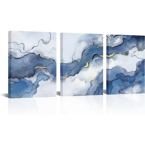 LyeArtork 3 Pieces Navy Blue and Gold Abstract Marble Canvas Wall Art Decoration Canvas Modern Watercolor Painting Fluid Ink Panitroom Decor for Bedroom Living Room Office Dining Room Home 12"x16"