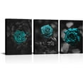 thumbnail image 1 of LyeArtork 3 Pieces Teal Rose Canvas Wall Art Romantic Aqua Flower Canvas Prints Pictures Black Painting Artwork Wall Decor for Living Room Bedroom Bathroom Office 12x16inchx3pcs, 1 of 1