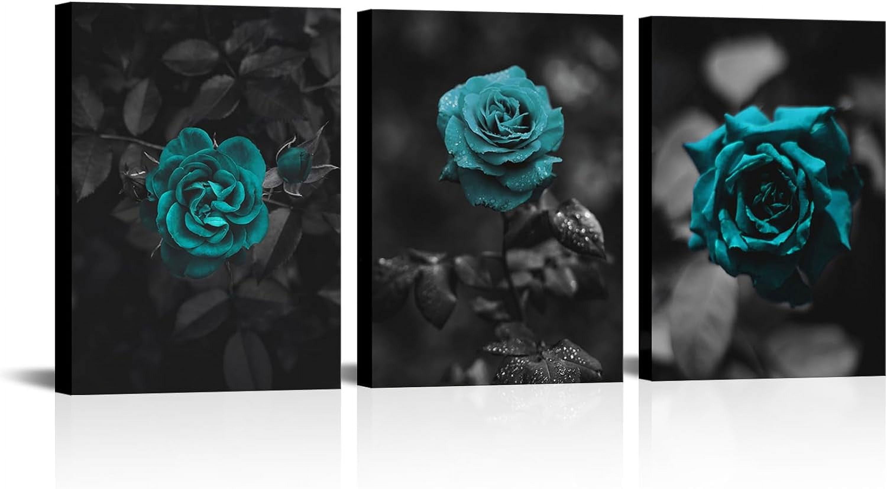 LyeArtork 3 Pieces Teal Rose Canvas Wall Art Romantic Aqua Flower