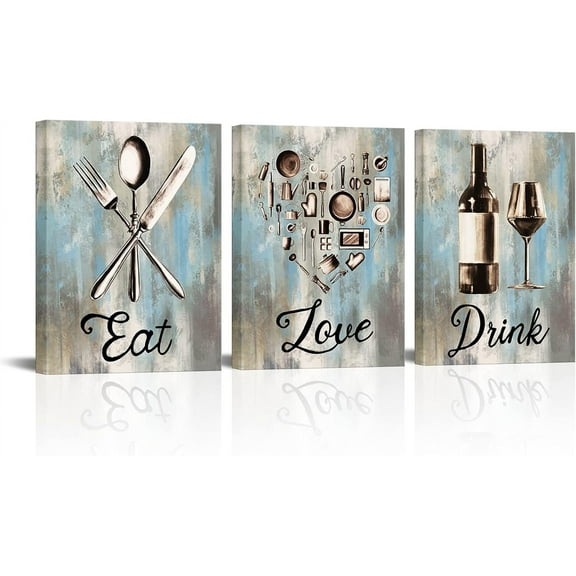 LyeArtork Home Kitchen Pictures Wall Art Vintage Utensils Canvas Prints Eat Love Drink Sign Paintings Teal Grey Artwork for Dining Room Decorations 12x16inchx3 pcs