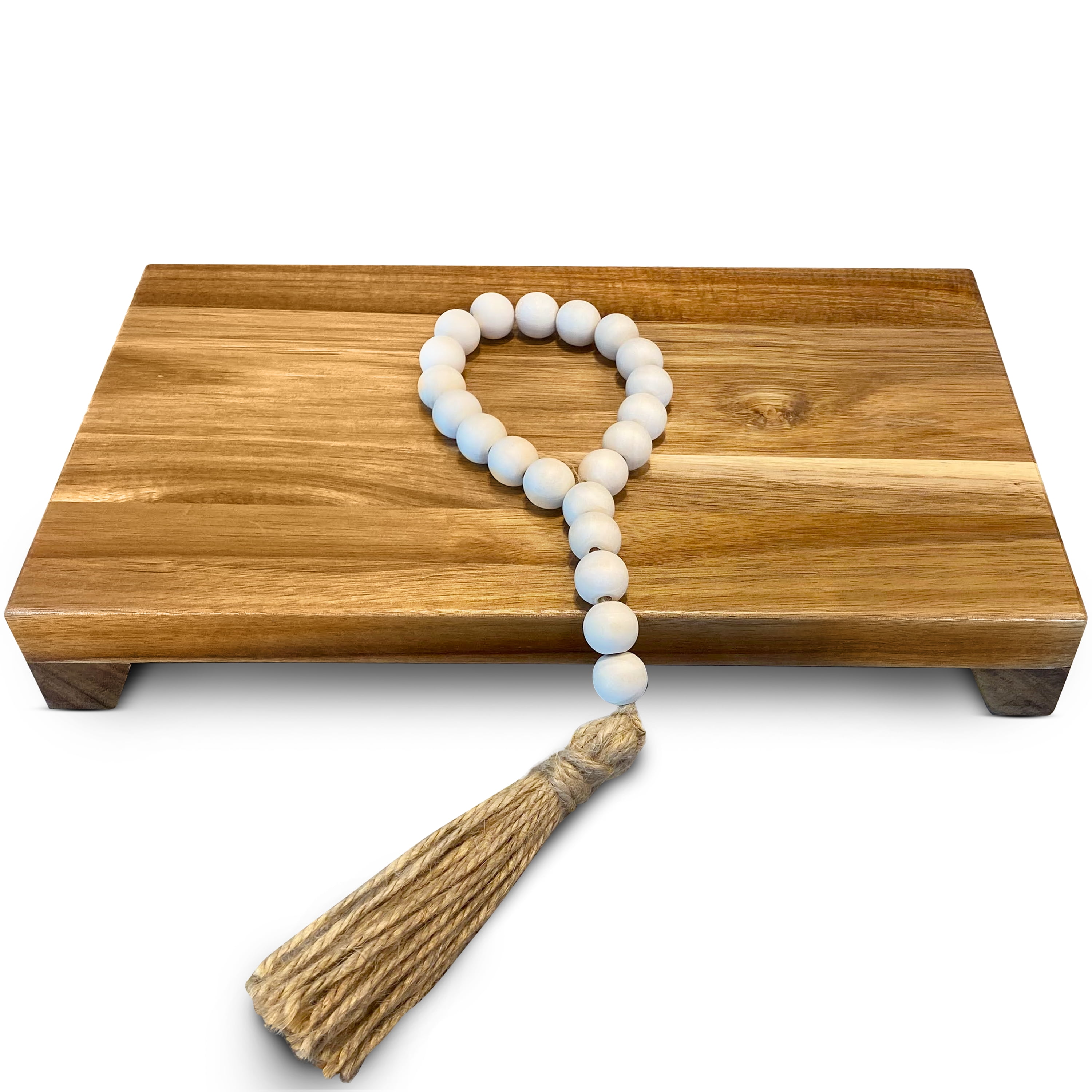 Lyfe Simple Acacia Wood Pedestal Stand with Decorative Beads for Kitchen, Bathroom & Home Decor, Water-Resistant, 12 x 7 x 1.75", Brown