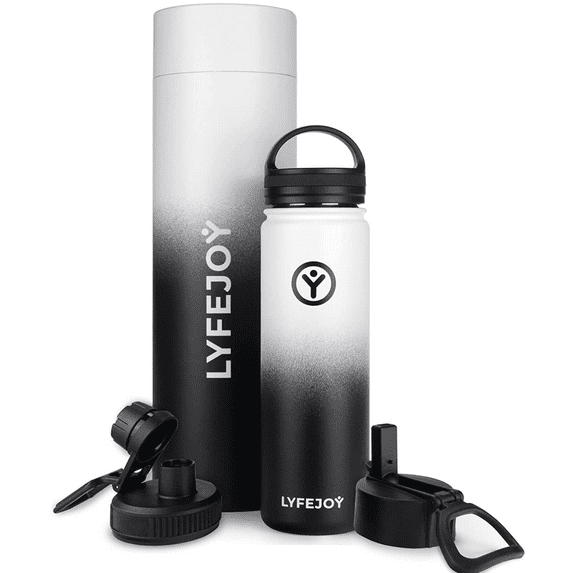 Lyfejoy Double Stainless Steel Insulated 22oz Water Bottle with Included Leak Proof Wide Mouth Lid, Straw Lid and Spout Lid - Vacuum Insulated, Dishwasher Safe, BPA-Free, Non-Toxic