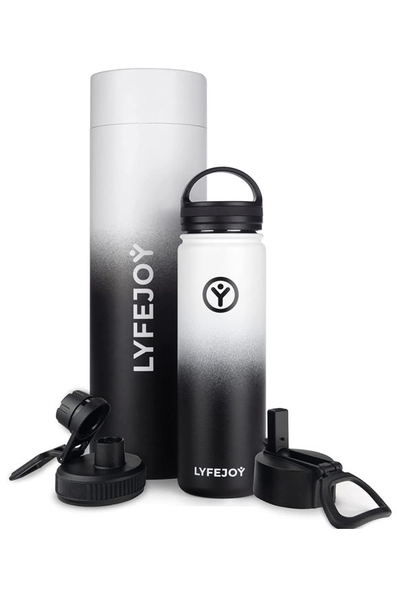 Double Stainless Steel Insulated 22oz Water Bottle with Included Leak Proof Wide Mouth Lid, Straw Lid and Spout Lid - Vacuum Insulated, Dishwasher Safe, BPA-Free, Non-Toxic