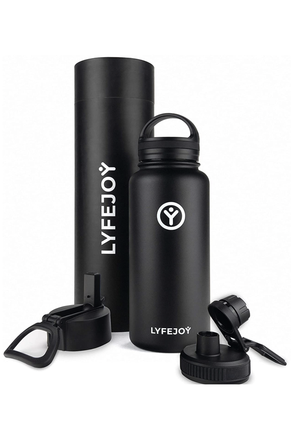 Double Stainless Steel Insulated 32oz Water Bottle with Included Leak Proof Wide Mouth Lid, Straw Lid and Spout Lid - Vacuum Insulated, Dishwasher Safe, BPA-Free, Non-ToxicLid, Spout Lid, and