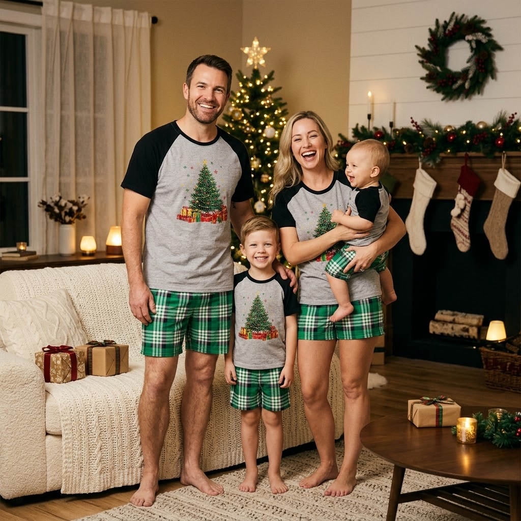 Lyfzbd Matching Family Christmas Pajamas Set Short Sleeve Tree Print T ...