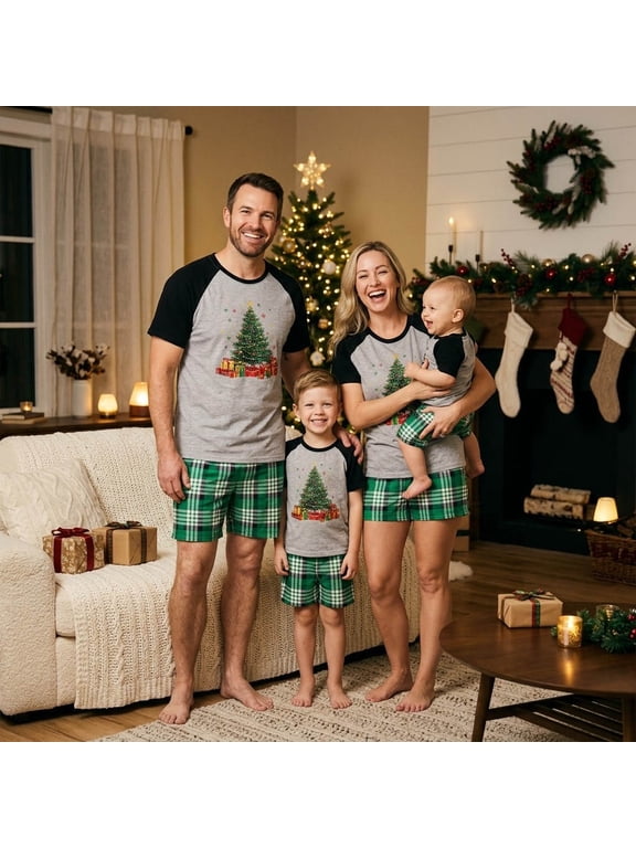 Matching Family Christmas Pajamas Set Short Sleeve Tree Print T Shirt Plaid Shorts Pjs Sleepwear Holiday Outfit