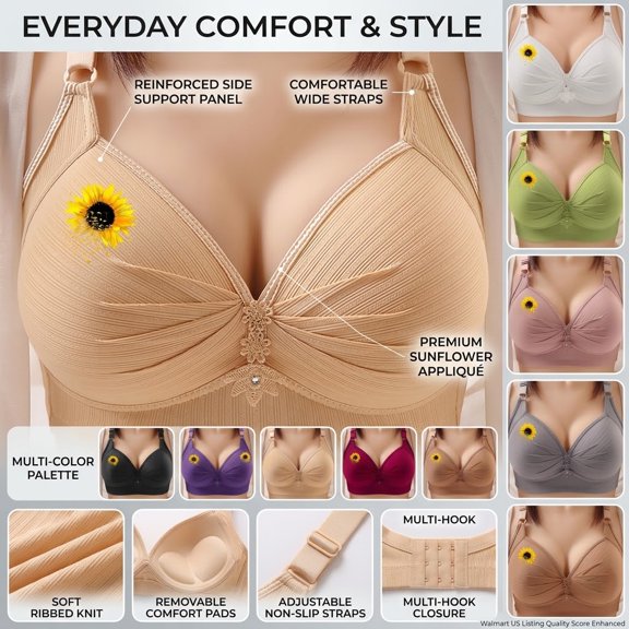 Lyfzbd Plus Size Full Coverage Bras for Women Sunflower Printed Wireless Push Up Bra Everyday Active Bralette M
