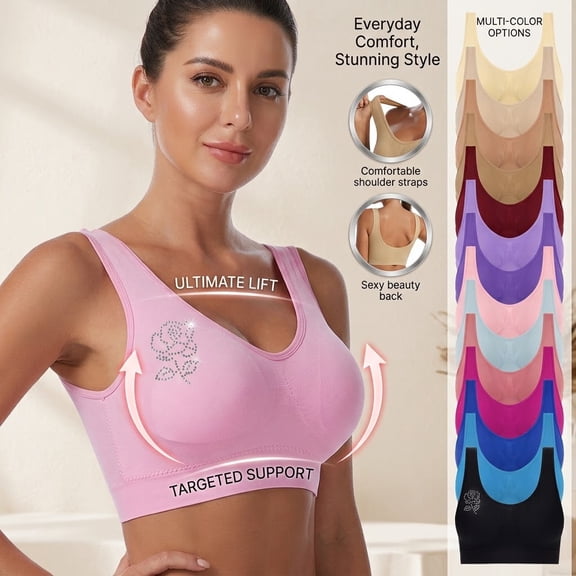 Lyfzbd Plus Size Womens Sports Bra Rhinestonee Wireless T-shirt Bralette Seamless Wide Strap Workout Gym Bra M