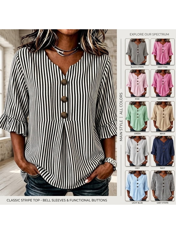 Lyfzbd Summer Tops for Women 3/4 Ruffle Sleeve Tunci Top Striped Button Up V Neck Blouses Casual Work Shirts Light Blue M