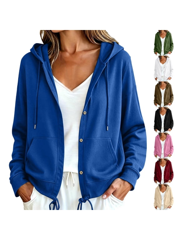 Women's Button Down Hoodies Loose Fit Long Sleeve Hooded Sweatshirts Casual Drawstring Jackets Lightweight Solid Color Outerwear Beige M