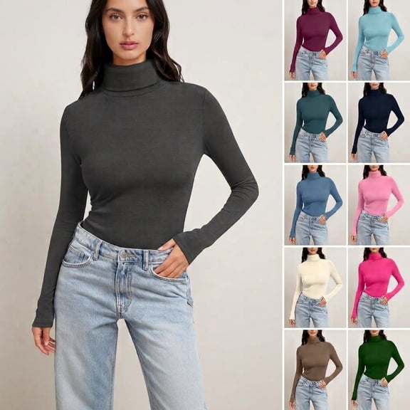 Lyfzbd Women's Turtleneck Long Sleeve Shirt Slim Fit Basic Tee Stretch Layering Tops Soft Daliy Work Blouse