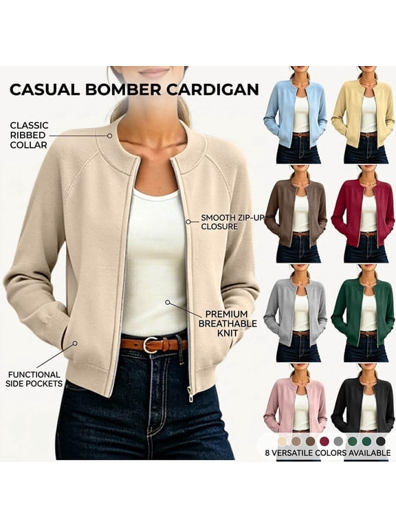Womens Cropped Bomber Jackets Full Zip Long Sleeve Coat Fall Casual Casual Outerwear