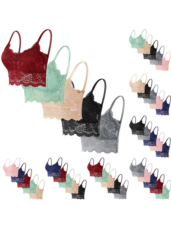 Womens Lace Bralette V Neck Spaghetti Strap Push Up Bras Soft Wireless Everyday Bras 5 Pack M