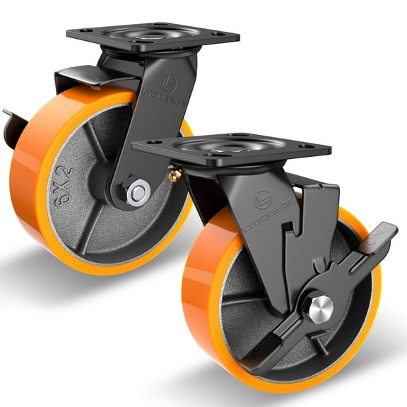 Lygoeege Heavy Duty Swivel Brake Caster 6" x 2", Polyurethane CasterWheel, Capacity up to 2000 lbs per Set Use for Platform Truck, Furniture, Workbenche (2 Pack)