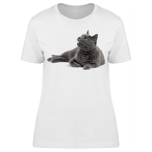 Lying Grey Cat Meowing T-Shirt Women -Image by Shutterstock, Female Large