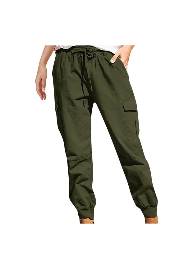 Fashion Women Plus Size Drawstring Casual Solid Elastic Waist Pocket Loose Pants Army Green M