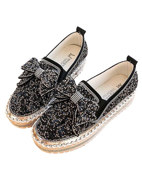 Fashion Women Shoe Bow Sequin Solid Color Platform Casual Ladies Shoes Black 38