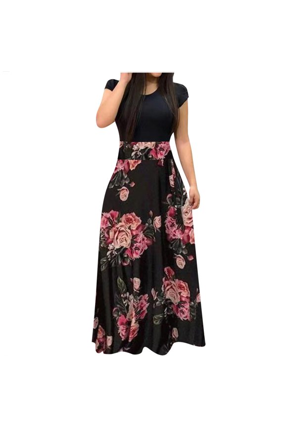 Fashion Women Short Sleeve Floral Boho Printing Long Dress Ladies Casual Dress Black L