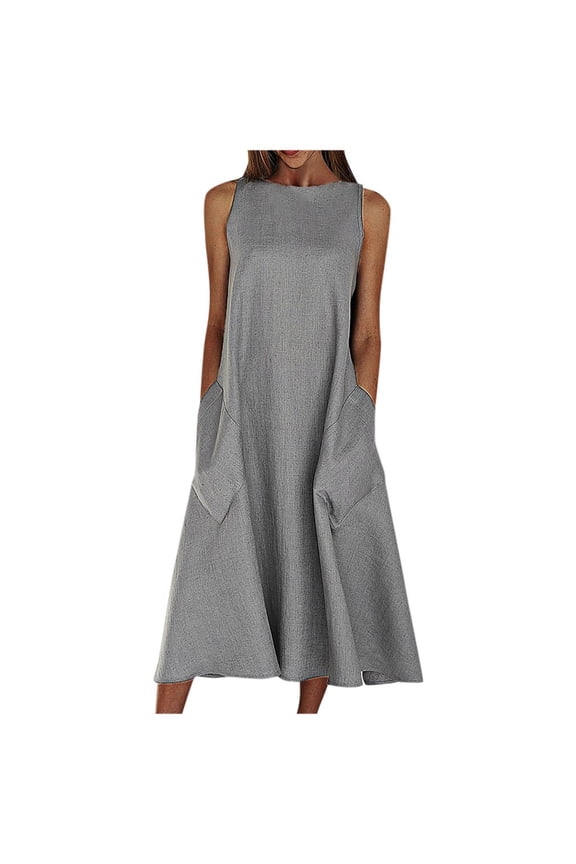 Fashion Women Solid Comfy Summer O-Neck Ladies Pockets Sleeveless Dress Gray XXL