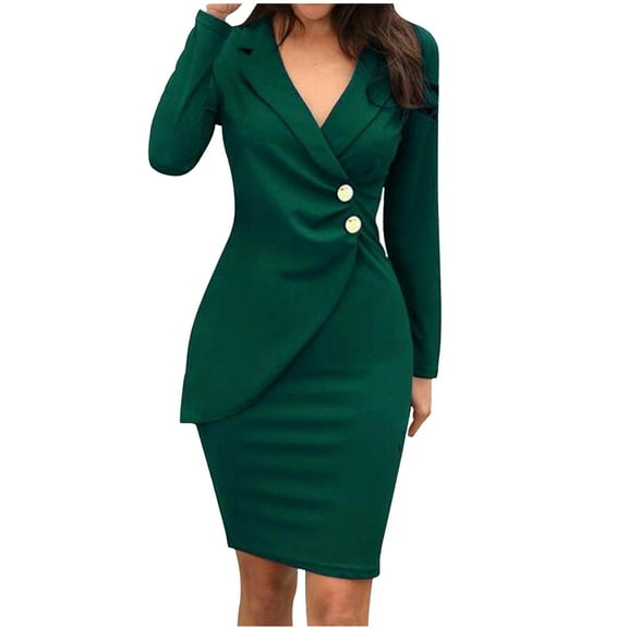 Lyinloo Fashion Women Solid Turn Down Neck Long Sleeve Buttons Casual Work Formal Dress Army Green M