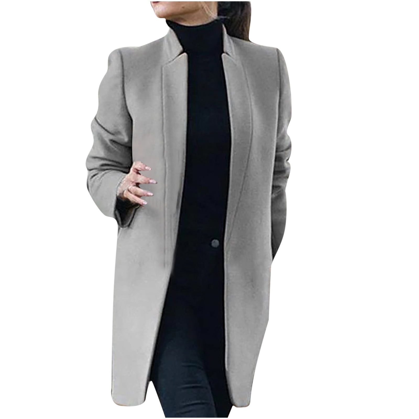 Lyinloo Fashion Women Wool Coat Trench Jacket Ladies Warm Long Overcoat  Outwear Gray M