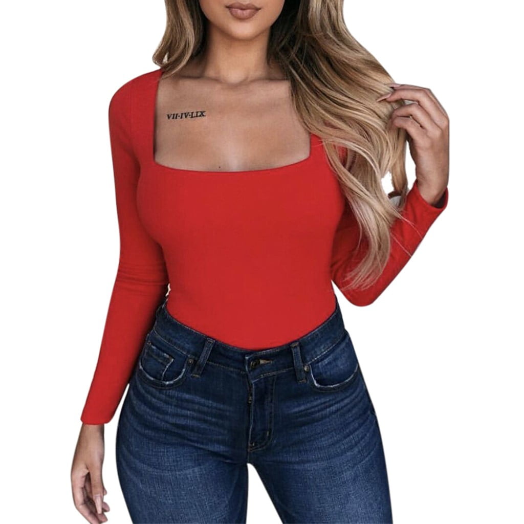Lyinloo Fashion Women's Long Sleeve Solid Square-Neck Blouse Long Top Loose  T-shirt Red S