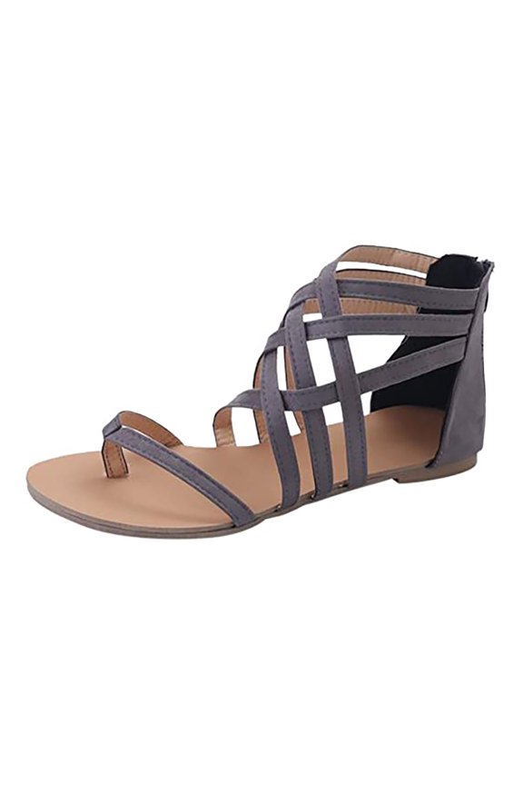 Ladies Flat Sandals Zipper Open Toe Slippers Roman Shoes Summer Beach Sandals Gray 37