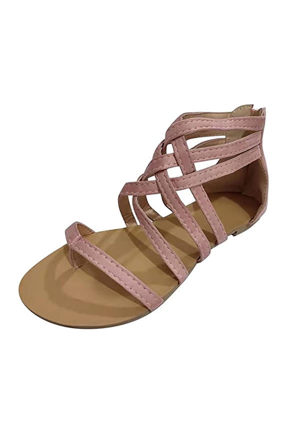 Ladies Flat Sandals Zipper Open Toe Slippers Roman Shoes Summer Beach Sandals Pink 35