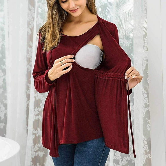 Lyinloo Maternity O-Neck Long Bandage Sleeve Breast-Feeding Pregnant Women Nursing Blouse Tops
