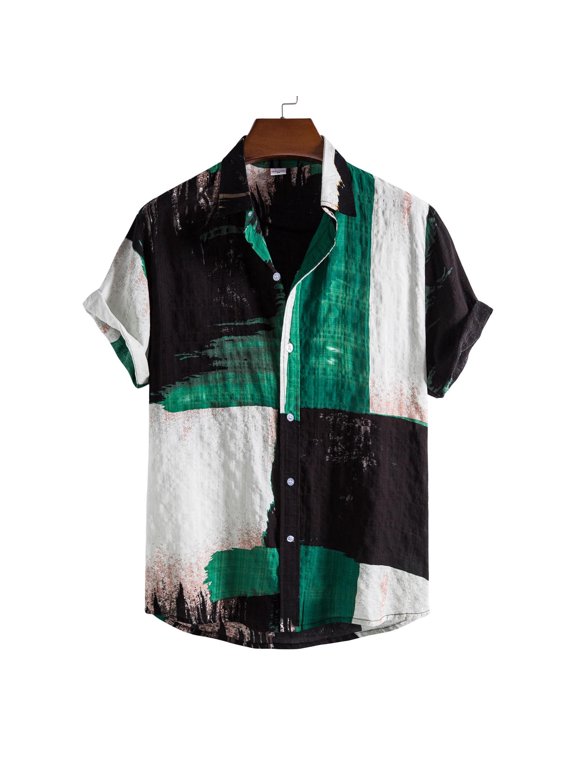 Men Hawaiian Short Sleeve Beach Shirt Patchwork Summer Casual Button Down Shirts Multicolor XXL