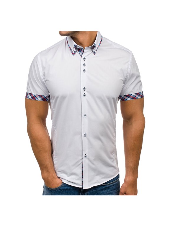 Men Short Sleeve Turn Down Collar Plaid Summer Casual Button Down Shirts White XL