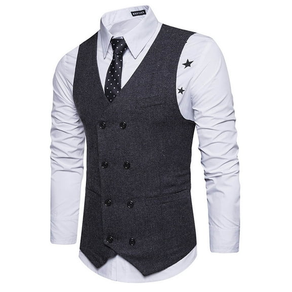 Lyinloo Men Woolen Double-Breasted Vest Suit Retro Business Waistcoat