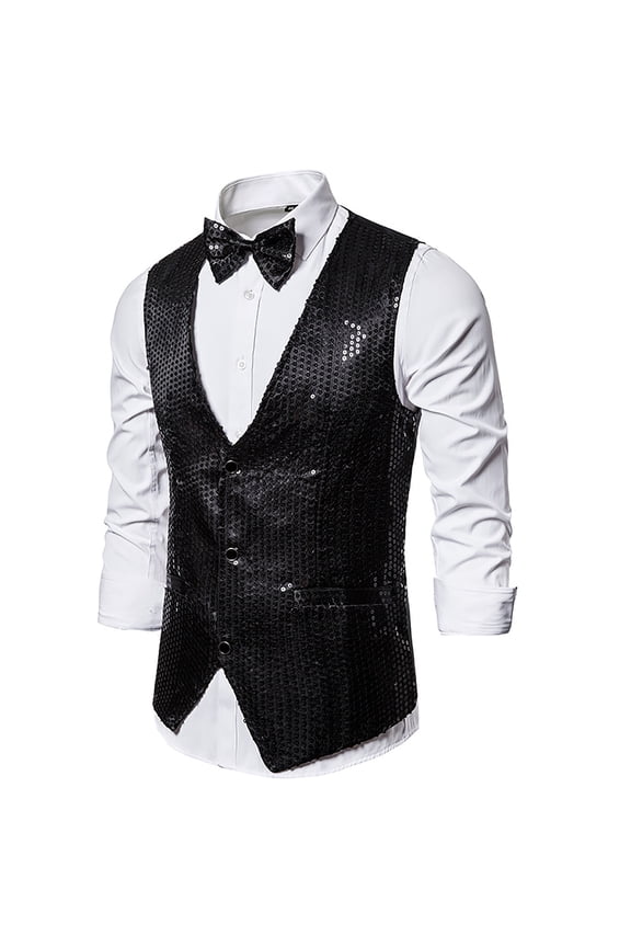 Men's Autumn And Winter Fashion Personality Sequins Casual Vest Jacket Black S